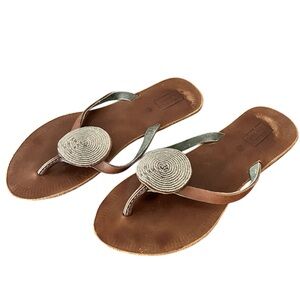 Swahili Coast Iris thong slip on sandals beaded medallion leather handmade sz 8